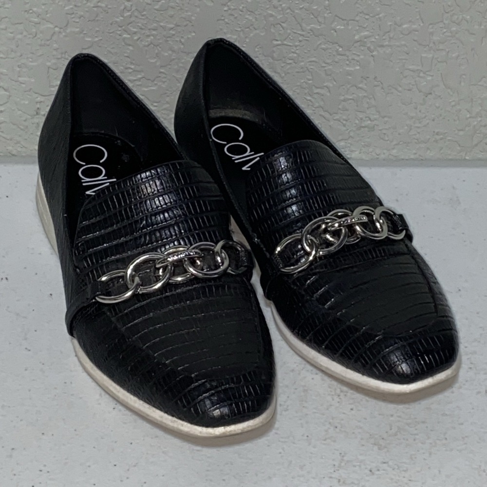 Calvin Klein Women's Loafers Black Lizard Banda Faux Leather Slip On Chains Sz 7